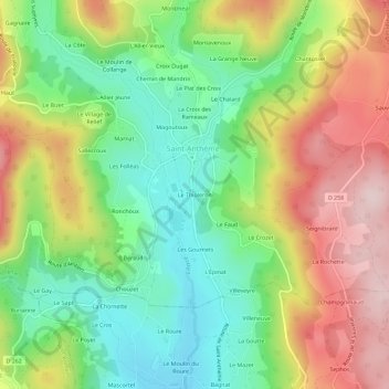 Mapa topográfico Le Thioleron, altitude, relevo