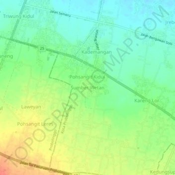 Mapa topográfico Sumber Wetan, altitude, relevo