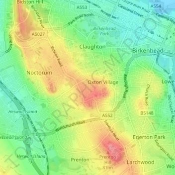 Mapa topográfico Oxton, altitude, relevo