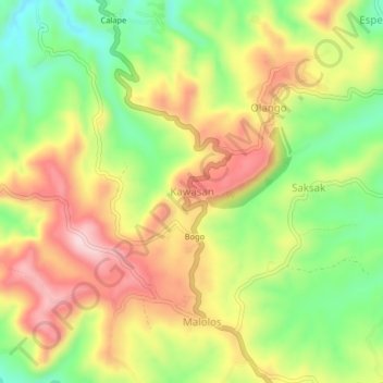 Mapa topográfico Kawasan, altitude, relevo