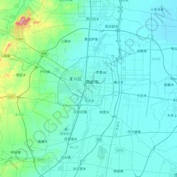 Mapa topográfico 邯山区, altitude, relevo