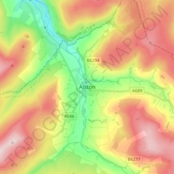 Mapa topográfico Alston, altitude, relevo