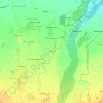 Mapa topográfico Sordello, altitude, relevo