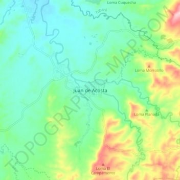 Mapa topográfico Juan de Acosta, altitude, relevo