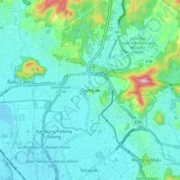 Mapa topográfico Gombak, altitude, relevo