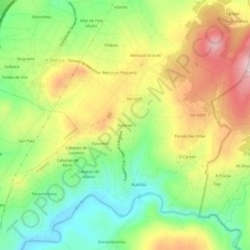 Mapa topográfico Proente, altitude, relevo
