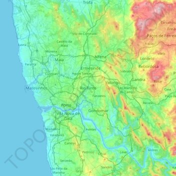 Mapa topográfico Rio Tinto, altitude, relevo