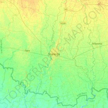 Mapa topográfico Dinajpur, altitude, relevo