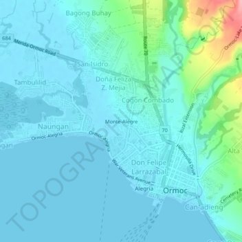 Mapa topográfico Montebello, altitude, relevo