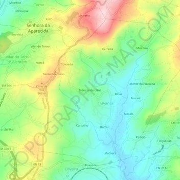Mapa topográfico Moreira de Cima, altitude, relevo