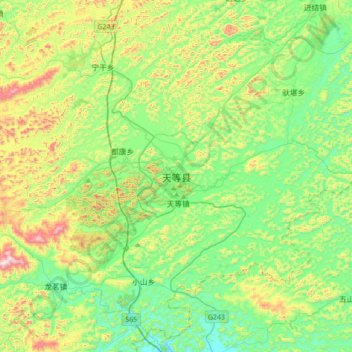Mapa topográfico 天等县, altitude, relevo
