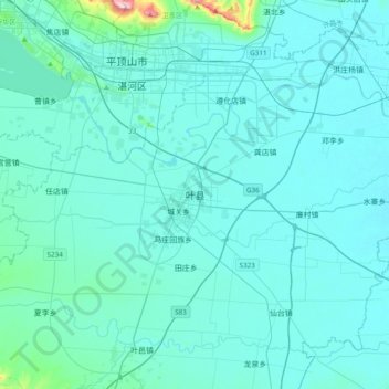 Mapa topográfico 叶县, altitude, relevo