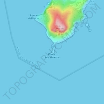 Mapa topográfico Faro della Guardia, altitude, relevo
