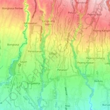 Mapa topográfico Ubud, altitude, relevo