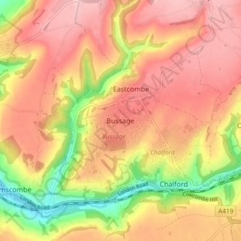 Mapa topográfico Bussage, altitude, relevo