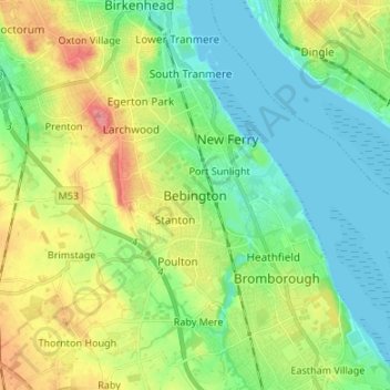 Mapa topográfico Bebington, altitude, relevo