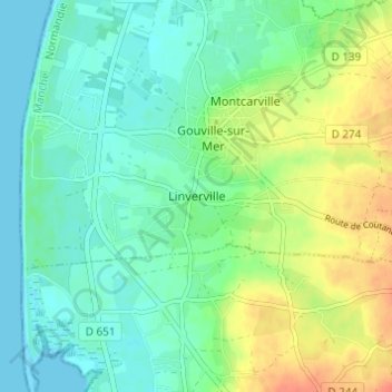 Mapa topográfico Linverville, altitude, relevo