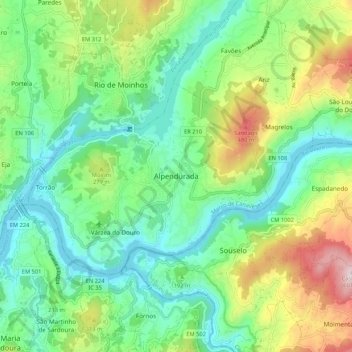 Mapa topográfico Alpendurada, altitude, relevo
