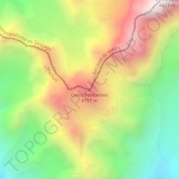 Mapa topográfico Cerro Penitentes, altitude, relevo