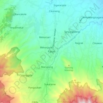 Mapa topográfico Pacet, altitude, relevo