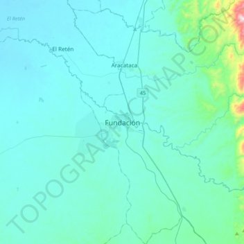 Mapa topográfico Fundación, altitude, relevo