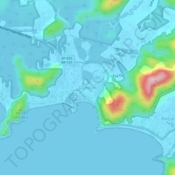 Mapa topográfico Camburi, altitude, relevo