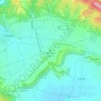 Mapa topográfico Sorogain, altitude, relevo