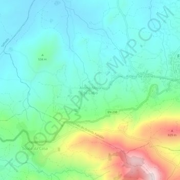 Mapa topográfico Aldeia Nova do Cabo, altitude, relevo