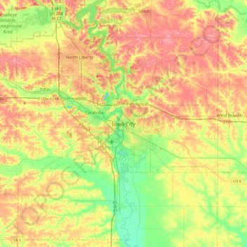 Mapa topográfico Iowa City, altitude, relevo