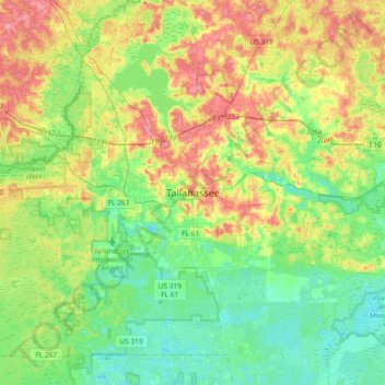 Mapa topográfico Tallahassee, altitude, relevo