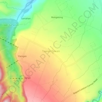 Mapa topográfico Tawan-Tawan, altitude, relevo