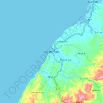 Mapa topográfico Aloguinsan, altitude, relevo