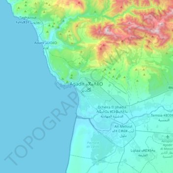 Mapa topográfico Agadir, altitude, relevo