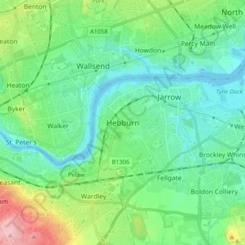 Mapa topográfico Hebburn, altitude, relevo