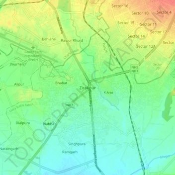 Mapa topográfico Zirakpur, altitude, relevo