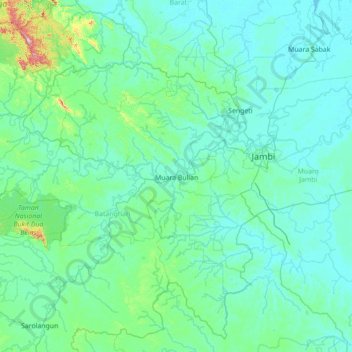 Mapa topográfico Muara Bulian, altitude, relevo