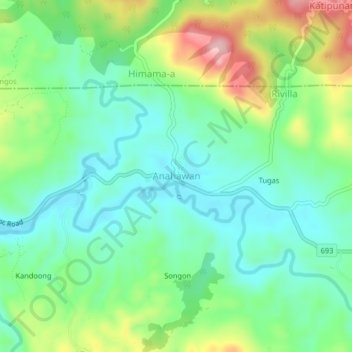 Mapa topográfico Anahawan, altitude, relevo