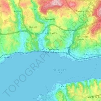 Mapa topográfico Cruz Quebrada-Dafundo, altitude, relevo