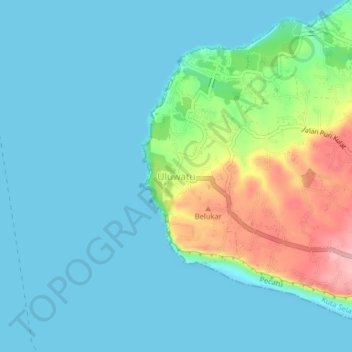 Mapa topográfico Uluwatu, altitude, relevo