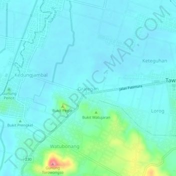 Mapa topográfico Grajegan, altitude, relevo