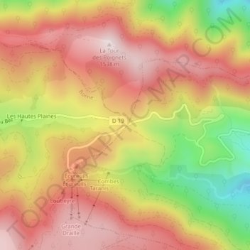 Mapa topográfico Col de la Croix de Bauzon, altitude, relevo