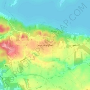 Mapa topográfico Voerladegård, altitude, relevo