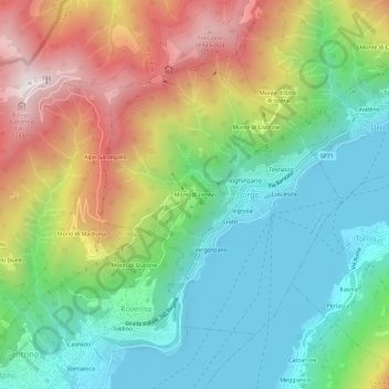 Mapa topográfico Monti di Lenno, altitude, relevo