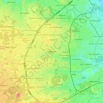Mapa topográfico Mérignac, altitude, relevo