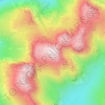 Mapa topográfico Scafell Pike, altitude, relevo