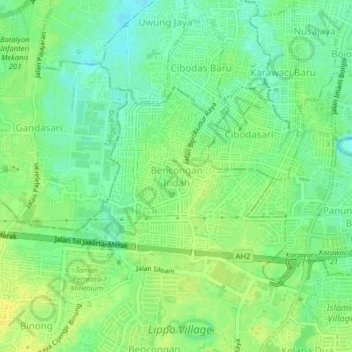 Mapa topográfico Bencongan Indah, altitude, relevo