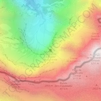 Mapa topográfico Cascada de Gavarnie, altitude, relevo