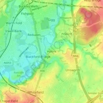 Mapa topográfico Hollins, altitude, relevo