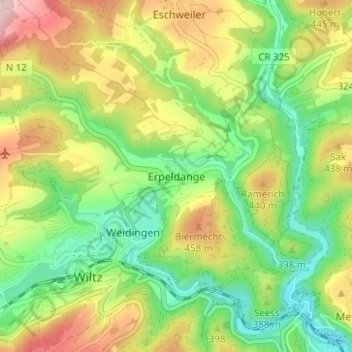 Mapa topográfico Erpeldingen, altitude, relevo