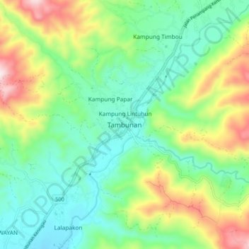 Mapa topográfico Tambunan, altitude, relevo